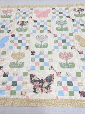 Handmade Original Butterfly Garden Patchwork Cotton Quilt Top/Topper 86x86”